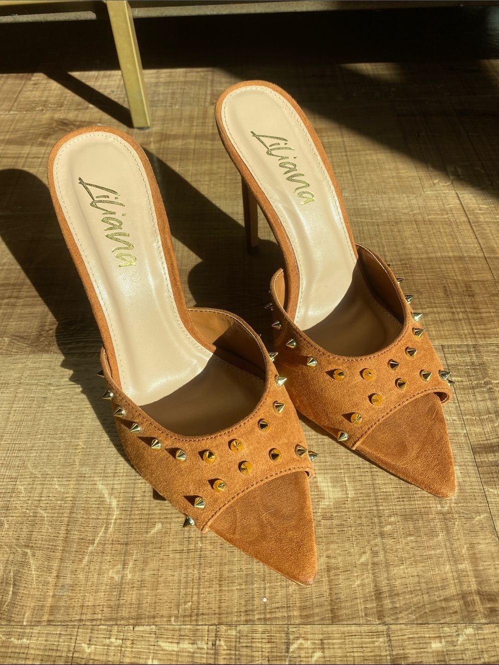 Pointed-Toe Studded Suede Mule in Tan